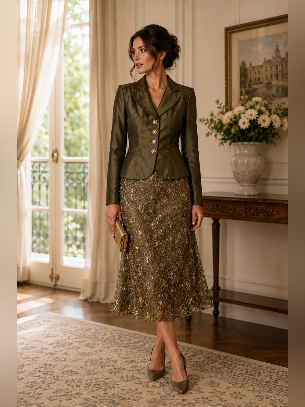 Kay Unger Silk Cotton Blazer jacket Skirt Suit 2 Pc Set Lace Embellishments